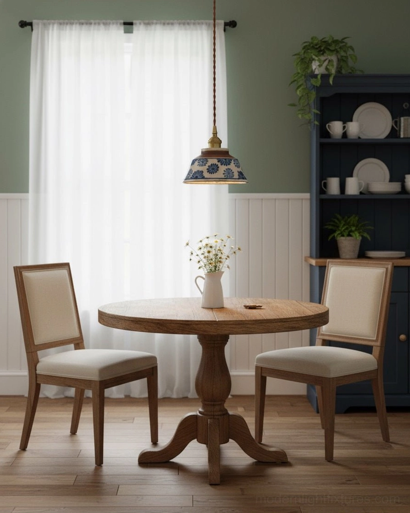 Hand-painted ceramic pendant light above reading chair in cozy home library corner