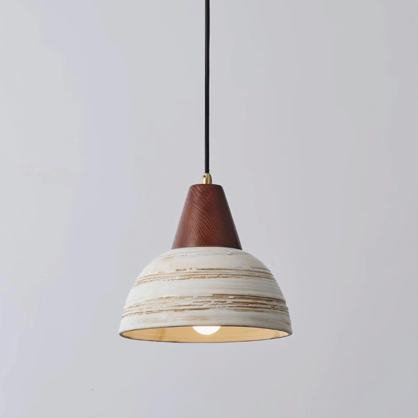 Artisanal ceramic pendant light shade with handcrafted striping and authentic distressed patina