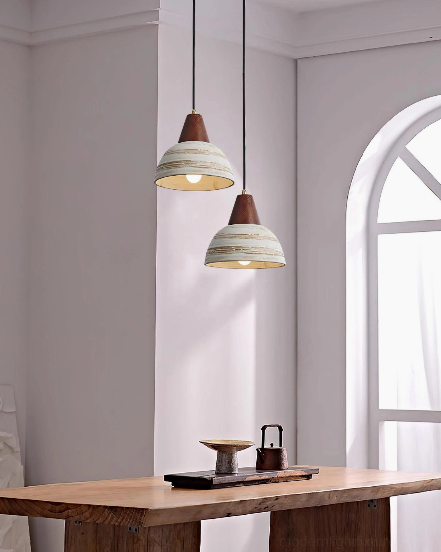 Modern rustic ceramic pendant light shade showing handcrafted striped texture and distressed finish