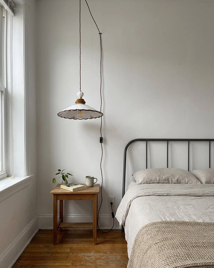 Side profile of hand-painted ceramic pendant light showing exposed braided cord and shade silhouette in neutral bedroom setting