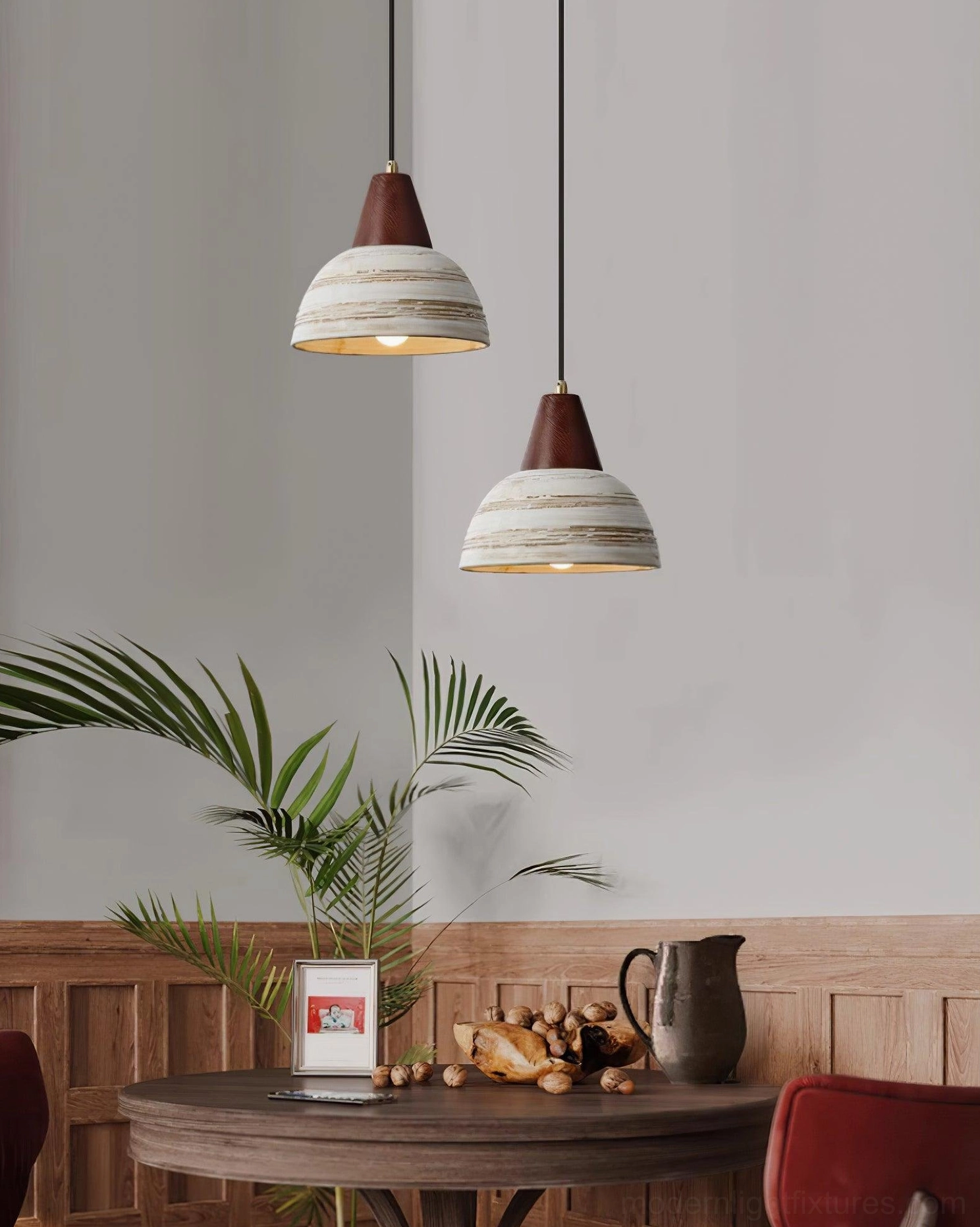 Ceramic pendant light suspension system showing adjustable wire and ceiling mounting hardware