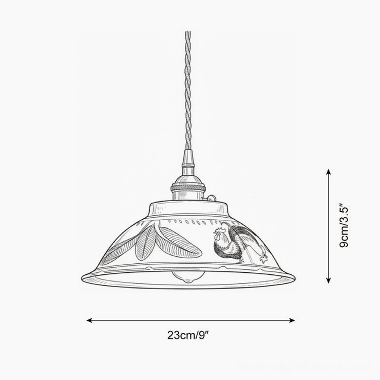 Technical orthographic line drawing of ceramic pendant light showing dimensions: 23cm diameter by 9cm height, with detailed specifications