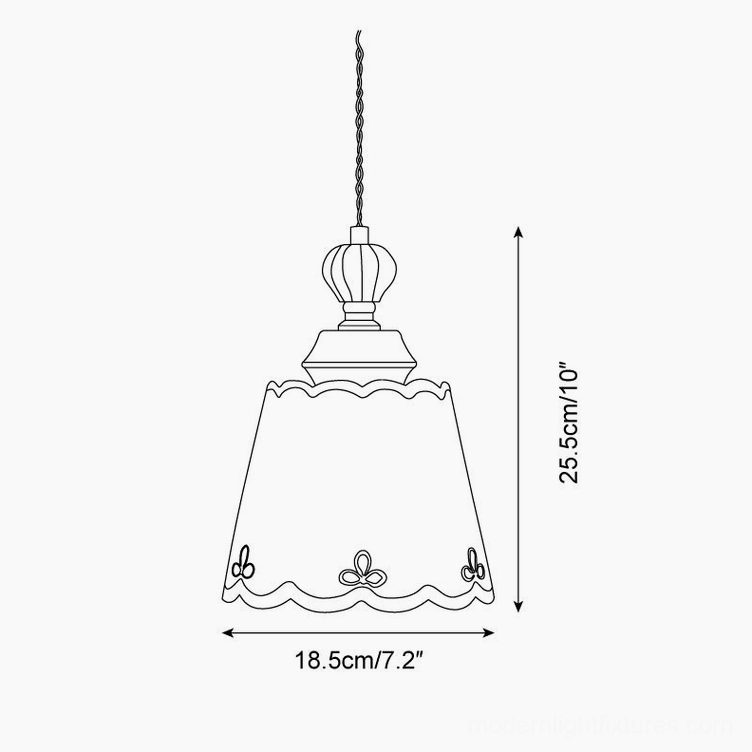 Technical dimension drawing of ceramic pendant lamp with measurements 18.5cm diameter and 25.5cm height