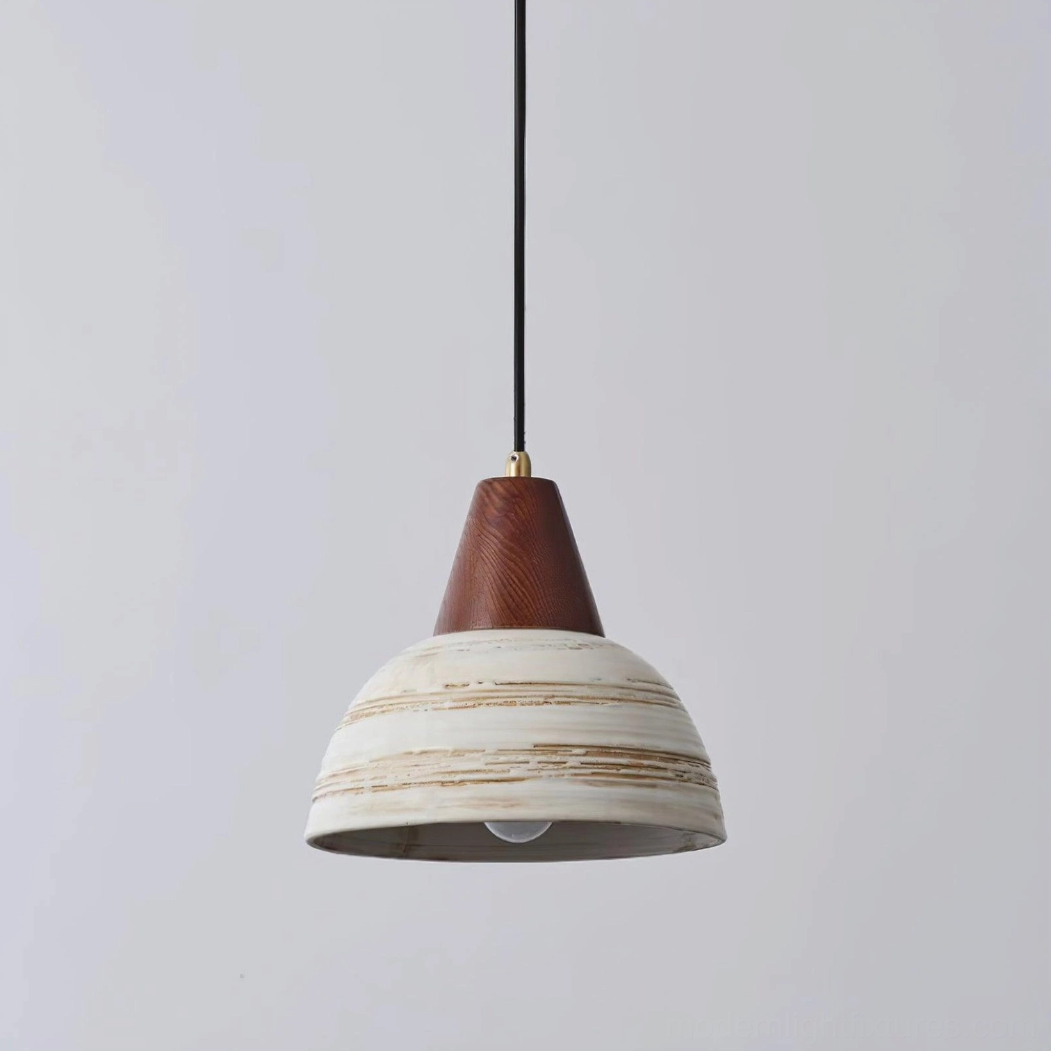 Modern ceramic pendant fixture with walnut wood top - Scandinavian contemporary design