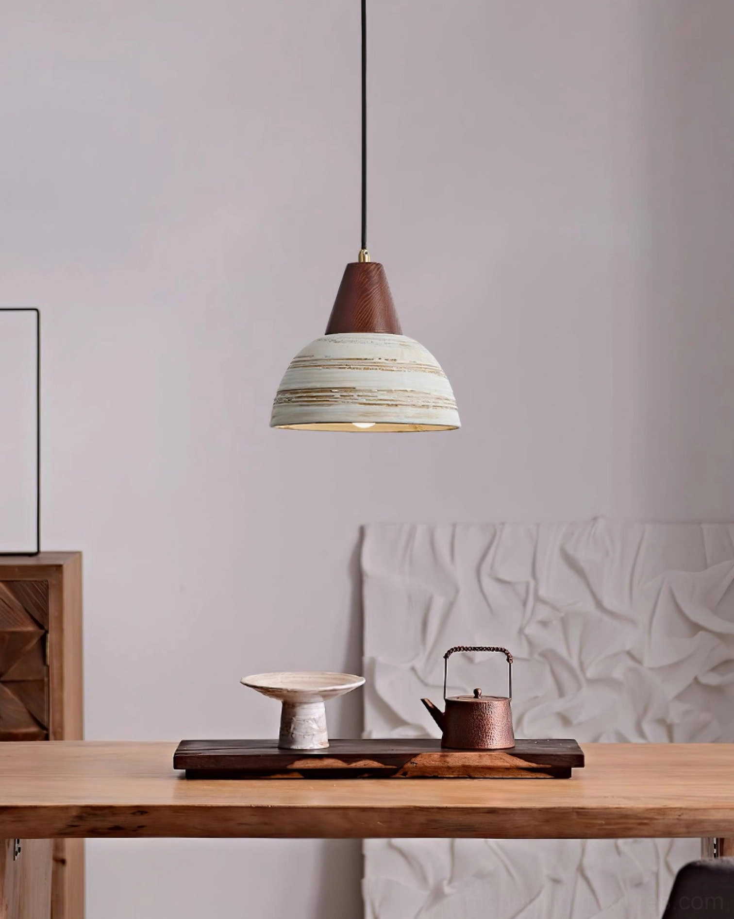 Ceramic pendant light with walnut wood accent - artisanal handcrafted hanging fixture detail