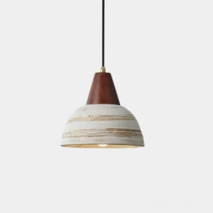 Handcrafted ceramic pendant light with walnut wood top and distressed white striped shade - modern rustic hanging fixture front view