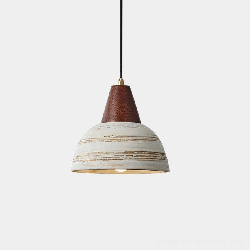 Handcrafted ceramic pendant light with walnut wood top and distressed white striped shade - modern rustic hanging fixture front view