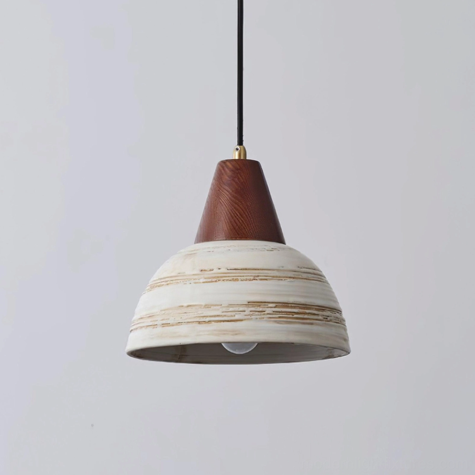 Ceramic pendant light with walnut wood accent - modern rustic hanging light fixture