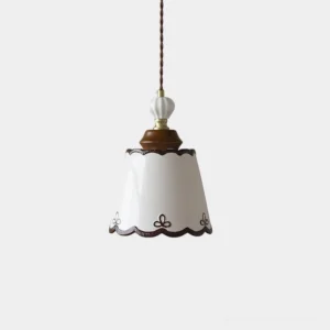 Vintage ceramic pendant light with white glossy finish and brown scalloped trim, featuring hand-painted floral decorative motifs
