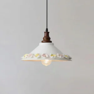 Handcrafted ceramic pendant fixture showcasing walnut wood hardware and delicate pastel flower edging