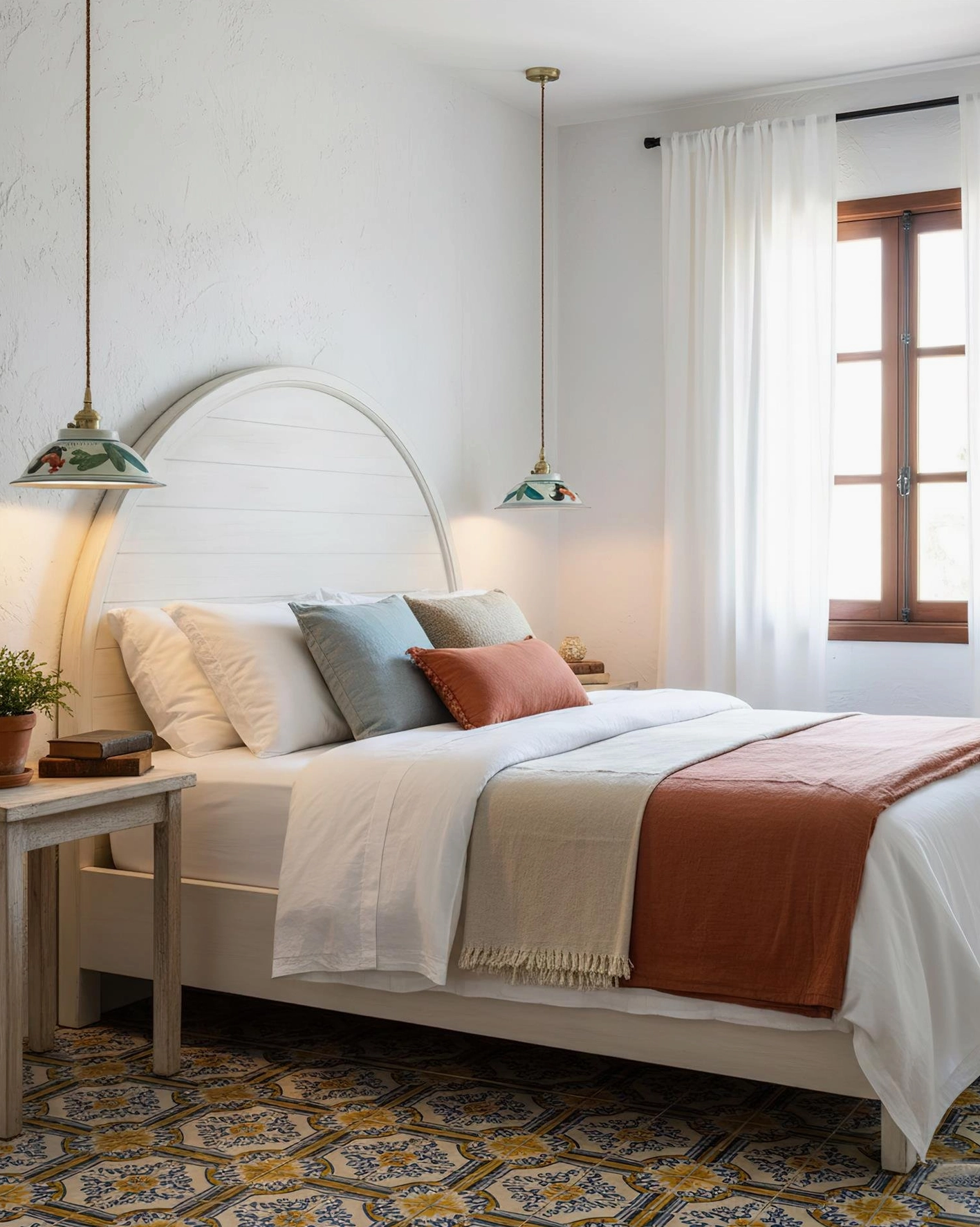 Pair of hand-painted ceramic pendant lights flanking an arched bed headboard in a bright cottage bedroom interior