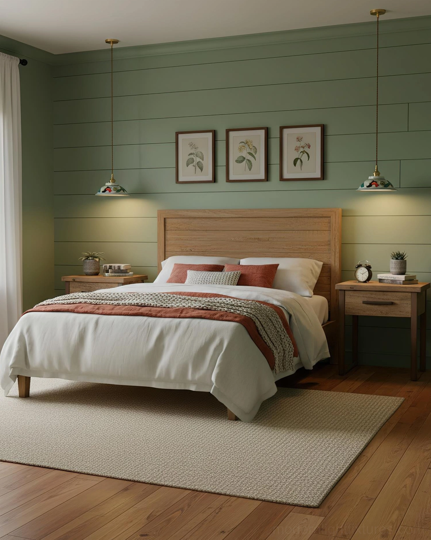 Pair of ceramic pendant lights with hand-painted designs hung symmetrically above bedside tables in a rustic farmhouse bedroom with green shiplap walls