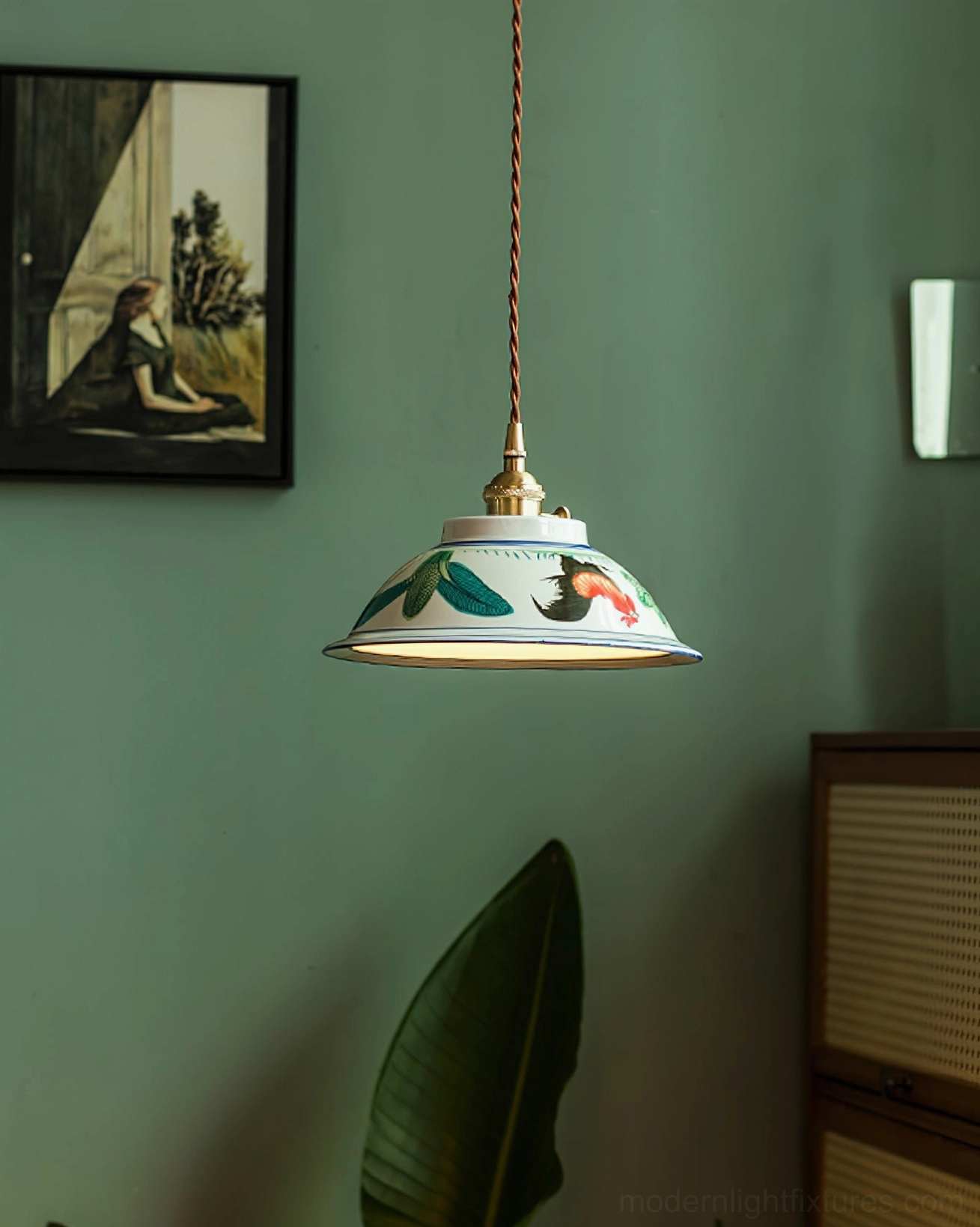 Multiple ceramic pendant lights creating coordinated lighting scheme in contemporary farmhouse living space with mixed materials