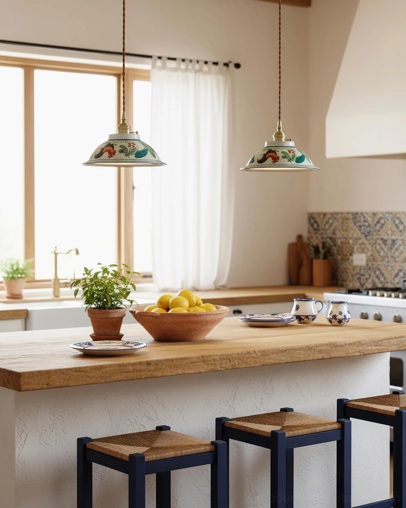 Pair of ceramic pendant lights above a wooden kitchen countertop in a modern farmhouse kitchen with brass hardware details