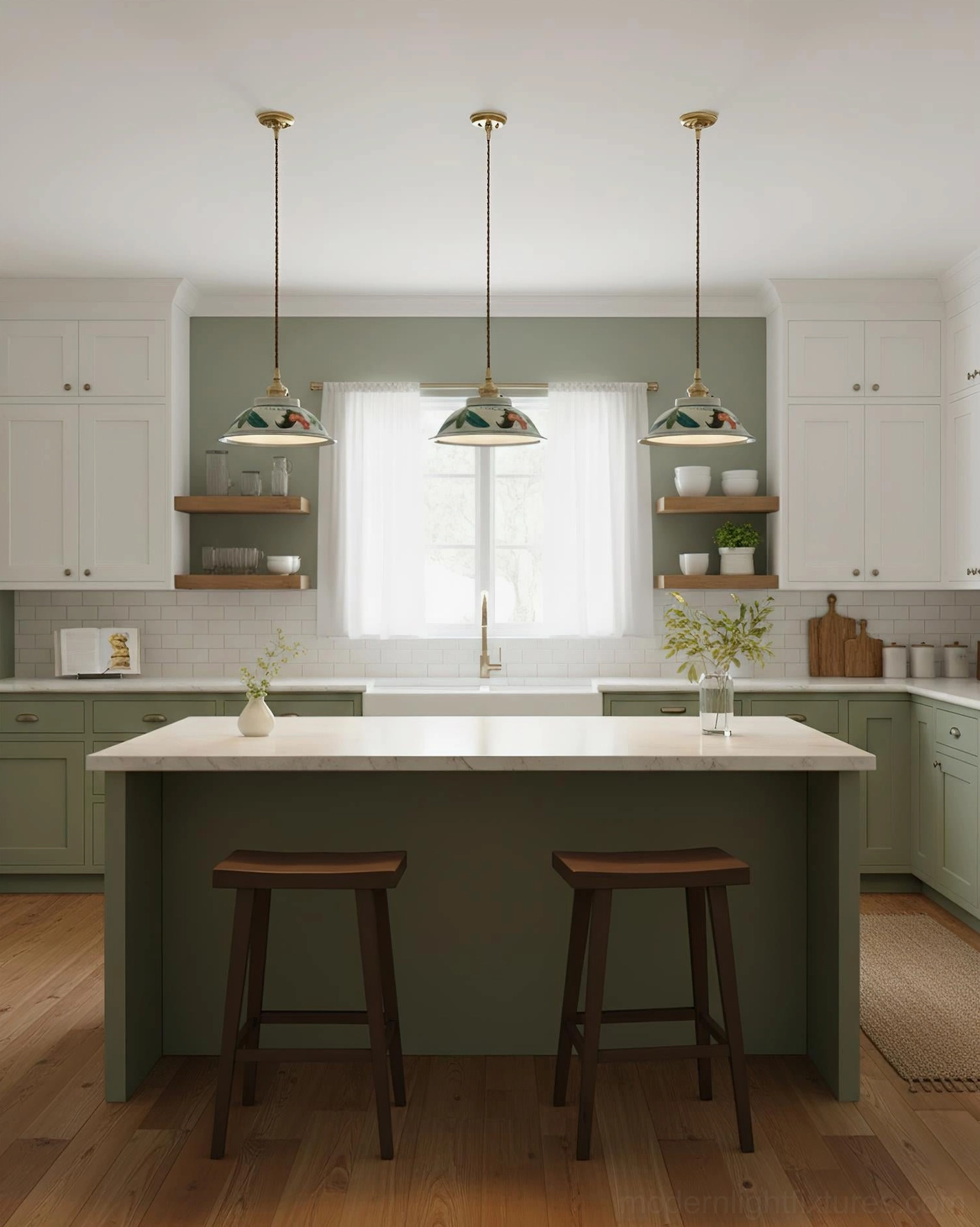 Set of three matching hand-painted ceramic pendant lights suspended above a farmhouse kitchen island with white and green cabinetry