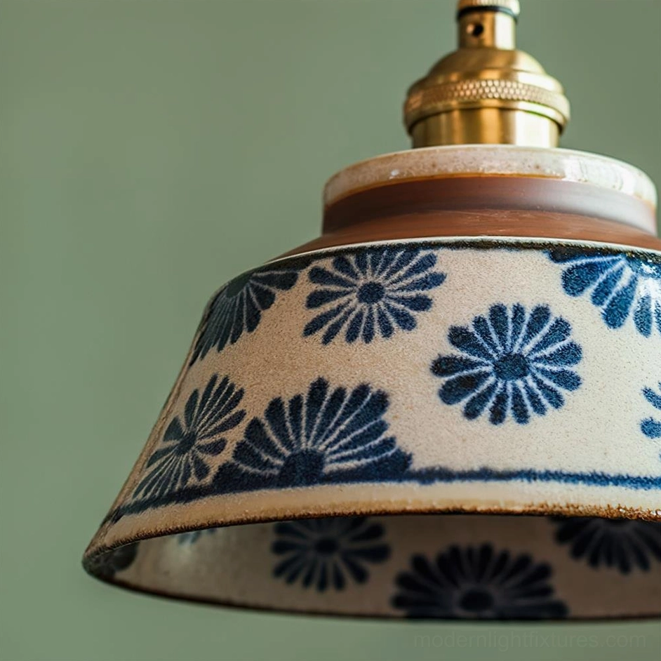Ceramic pendant light shade exterior view showing complete hand-painted pattern composition