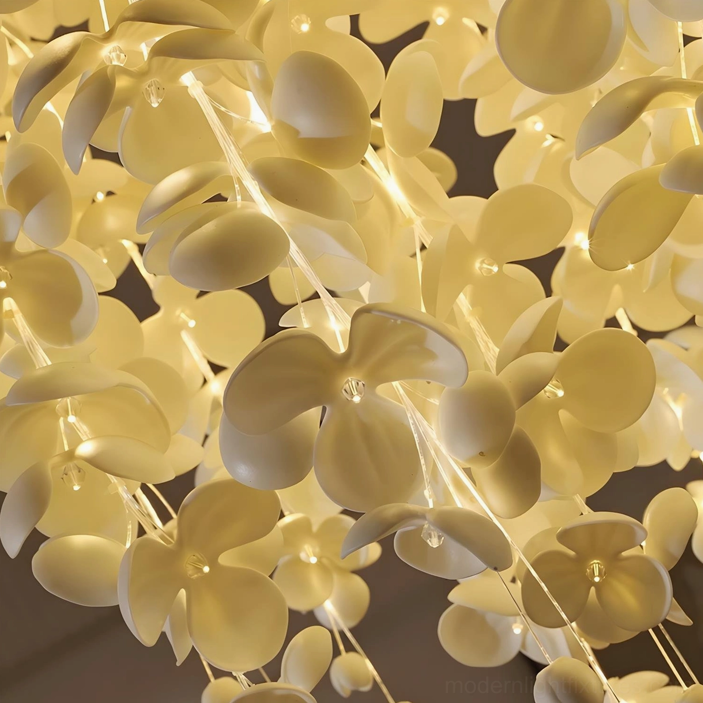 Modern hand-crafted ceramic petal chandelier with cascading flower strings and dual-lighting system installation view