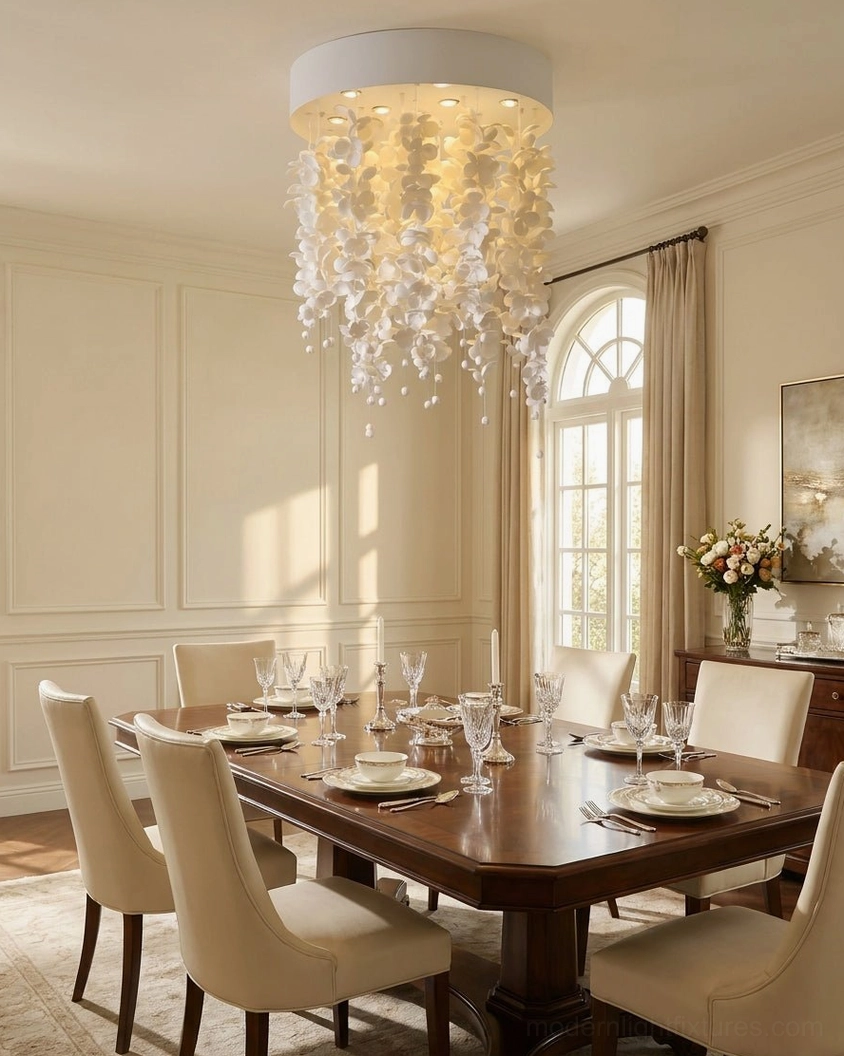 Contemporary ceramic flower chandelier with warm tones above wooden table in French cream dining room, high-angle view