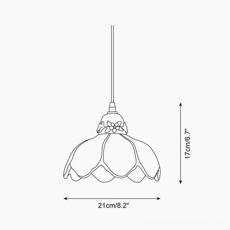 Hand-painted ceramic petal pendant light technical drawing orthographic view, 21cm diameter 17cm height specifications