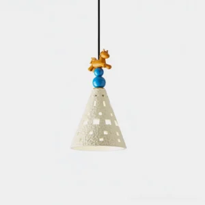 Ceramic pony pendant light with gold horse finial and blue decorative sphere on white background