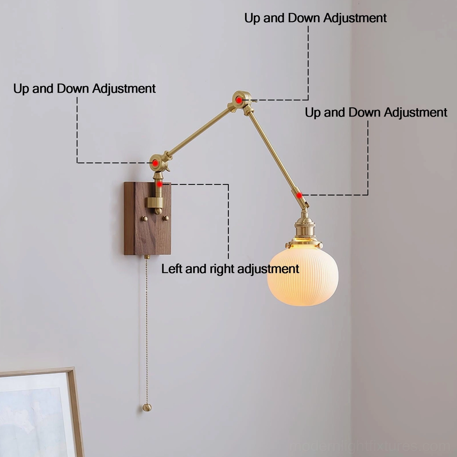 Swing arm wall sconce ceramic shade close-up with ribbed texture and light diffusion detail