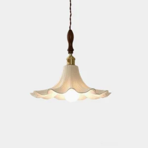 Florin Ripple ceramic pendant light with pleated scalloped flower-shaped shade, off-white finish, overhead front view on white studio background