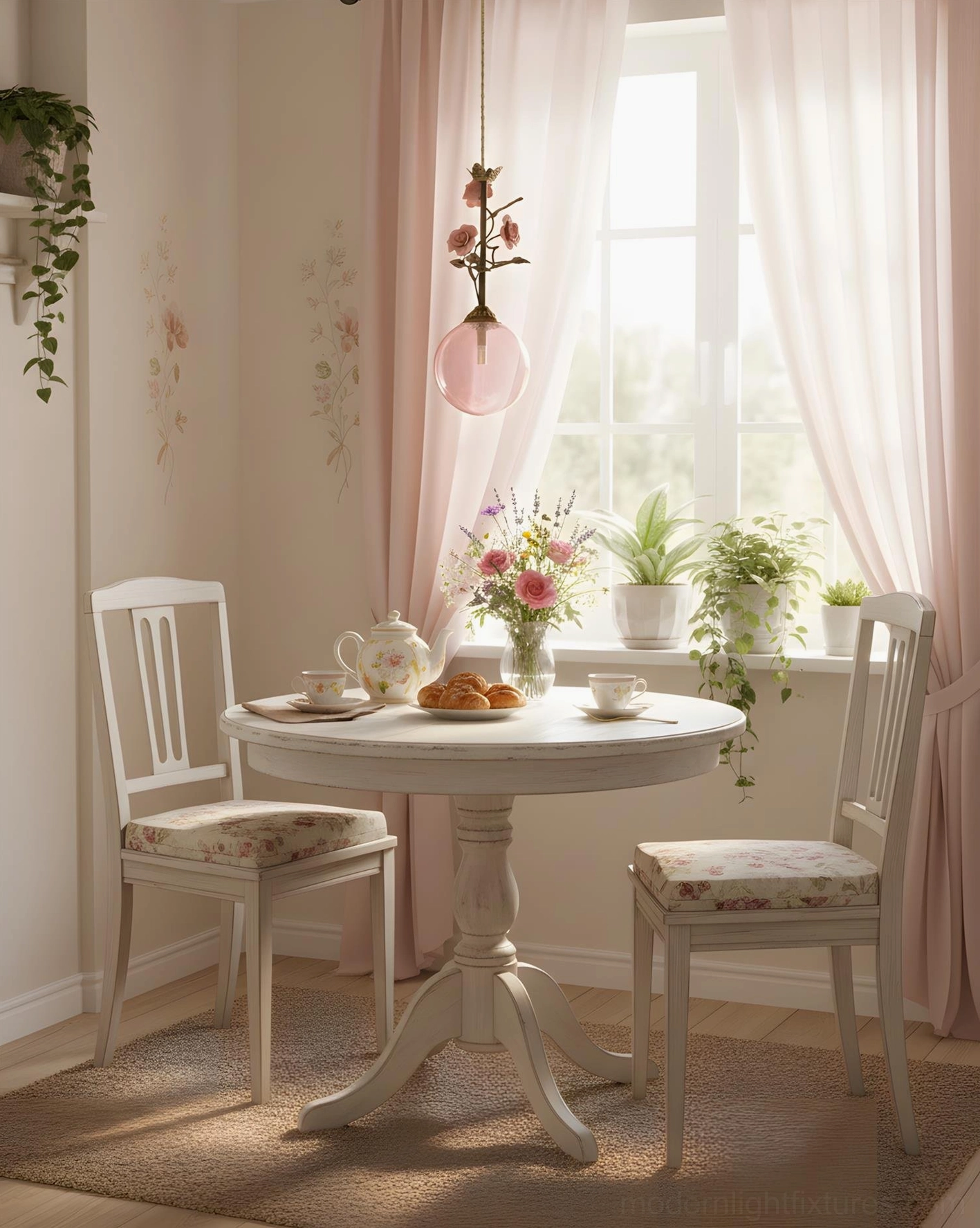 Floral ceramic pendant light with rose motifs, clear glass globe diffuser detail view