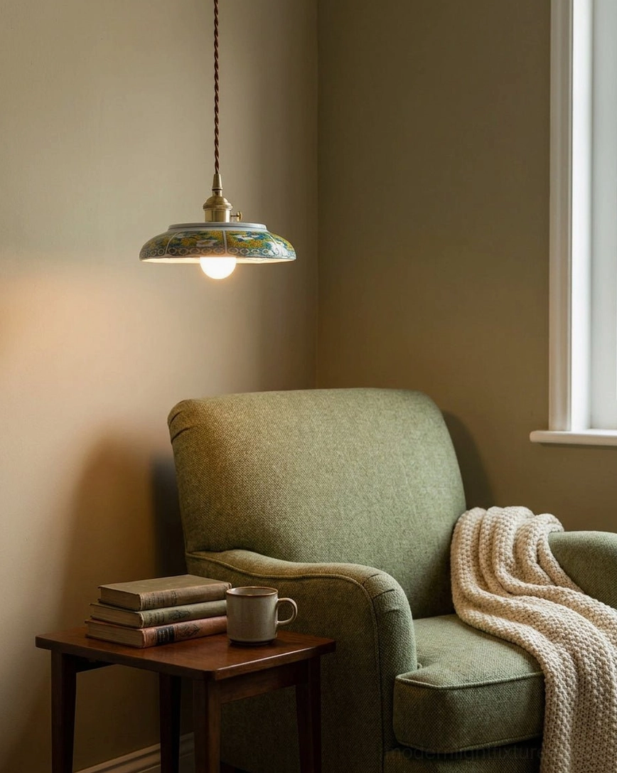 Delphora ceramic pendant light hanging in modern living room with warm ambient glow and brass hardware details