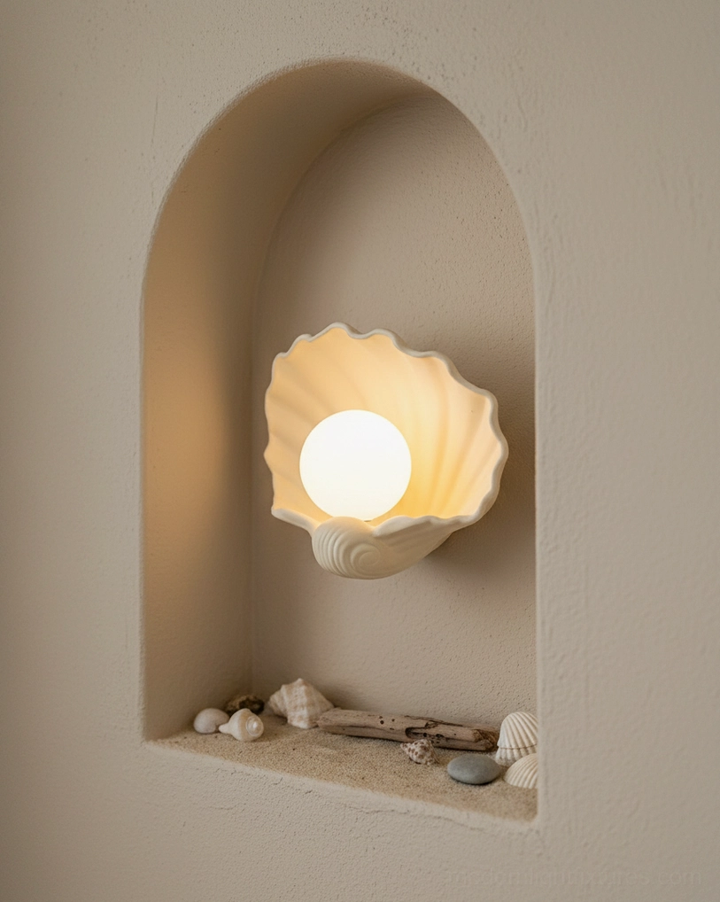 Ceramic scallop shell wall sconce full product view, nautical coastal design fixture, matte finish ceramic lamp