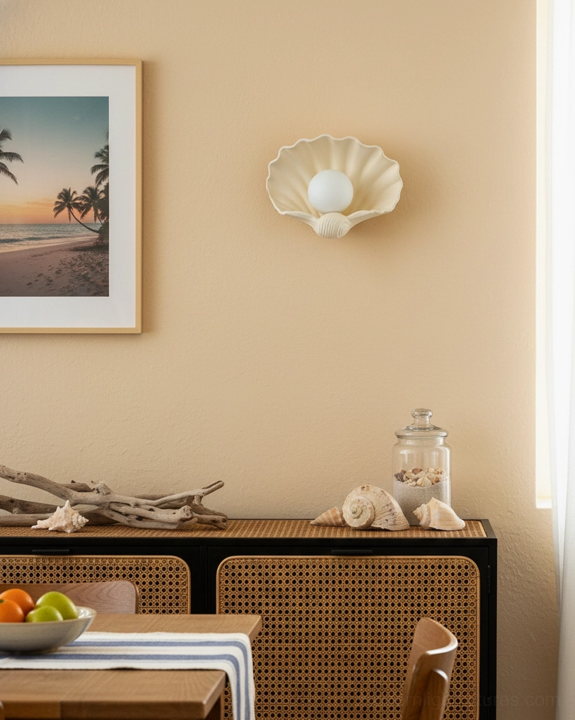 Sculptural ceramic scallop shell wall sconce detail shot, rippled texture and organic form, coastal design feature