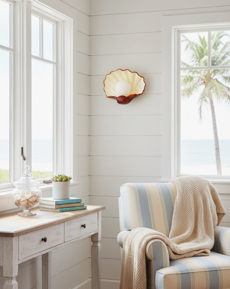Ceramic scallop shell sconce mounted in beachside reading nook with striped armchair, palm tree ocean view, coastal bedroom lighting