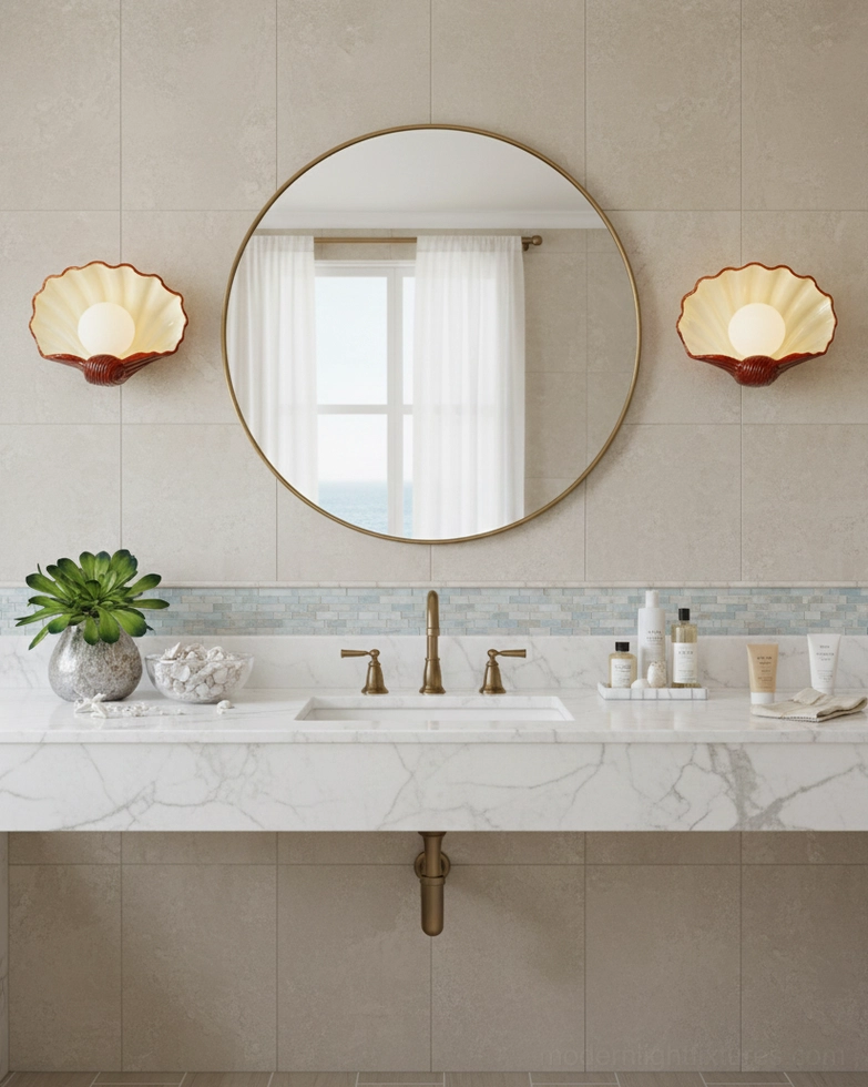 Pair of ceramic scallop shell wall sconces flanking round mirror in modern marble farmhouse bathroom vanity
