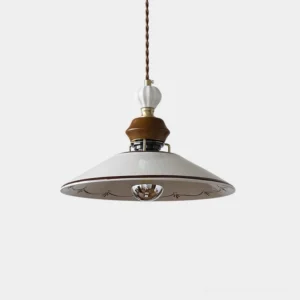 Handcrafted ceramic scalloped pendant light with brown hand-painted detailing and brass accents, front low-angle view showing vintage-inspired design