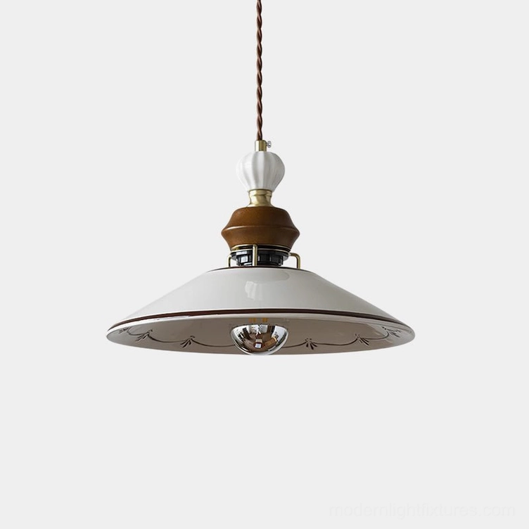 Handcrafted ceramic scalloped pendant light with brown hand-painted detailing and brass accents, front low-angle view showing vintage-inspired design