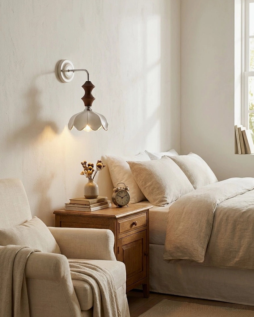 Modern ceramic sconce positioned on bedside with linen armchair and wooden nightstand bedroom styling