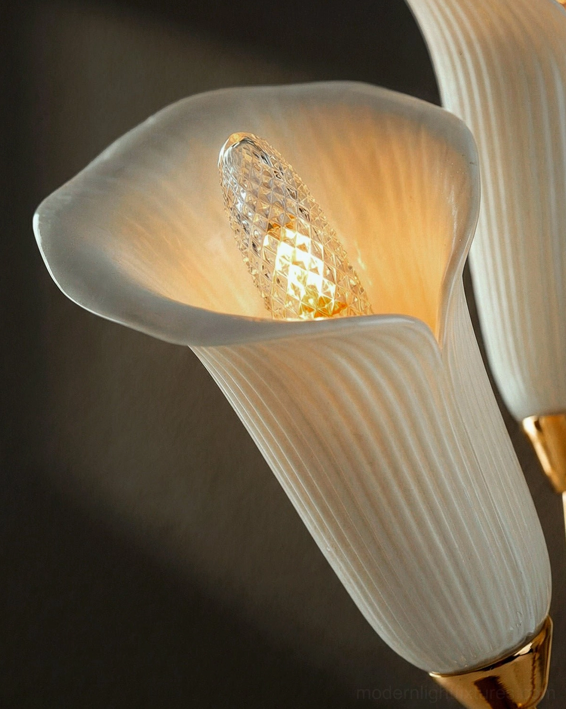 Close-up detail of ribbed off-white ceramic shade with LED bulb on calla lily table lamp