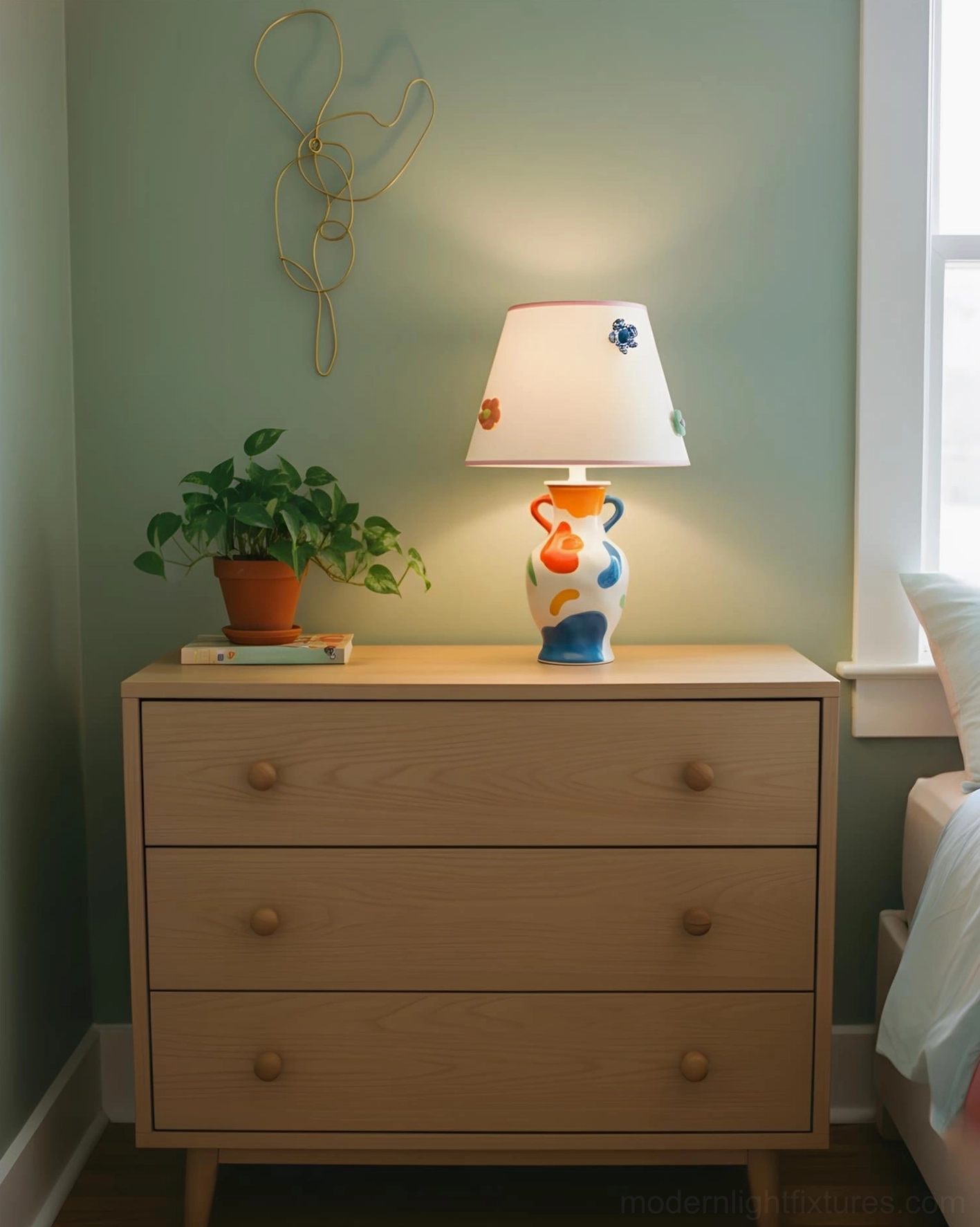Ceramic table lamp front view on light wood bedroom dresser corner, surrounded by potted plant and wall metal decor accents