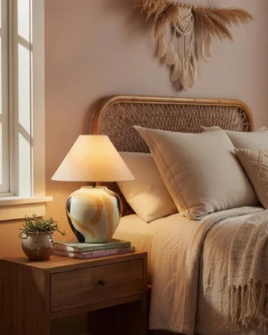 Hand-painted ceramic table lamp on master bedroom nightstand with warm neutral bohemian decor and cozy interior styling