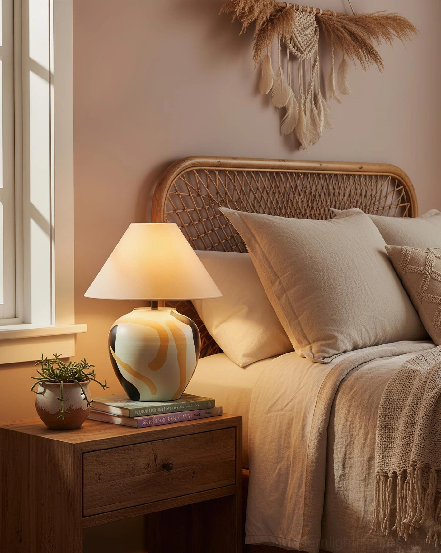 Hand-painted ceramic table lamp on master bedroom nightstand with warm neutral bohemian decor and cozy interior styling