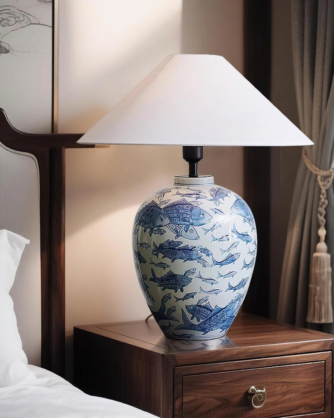 Blue and white decorative ceramic table lamp, rear three-quarter view showing ceramic base craftsmanship and glazed finish