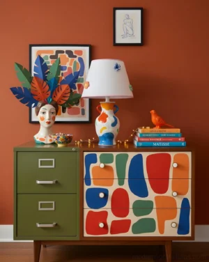 Artisanal ceramic table lamp displayed on geometric-patterned dresser in retro home setting, showing side perspective and artistic tabletop styling