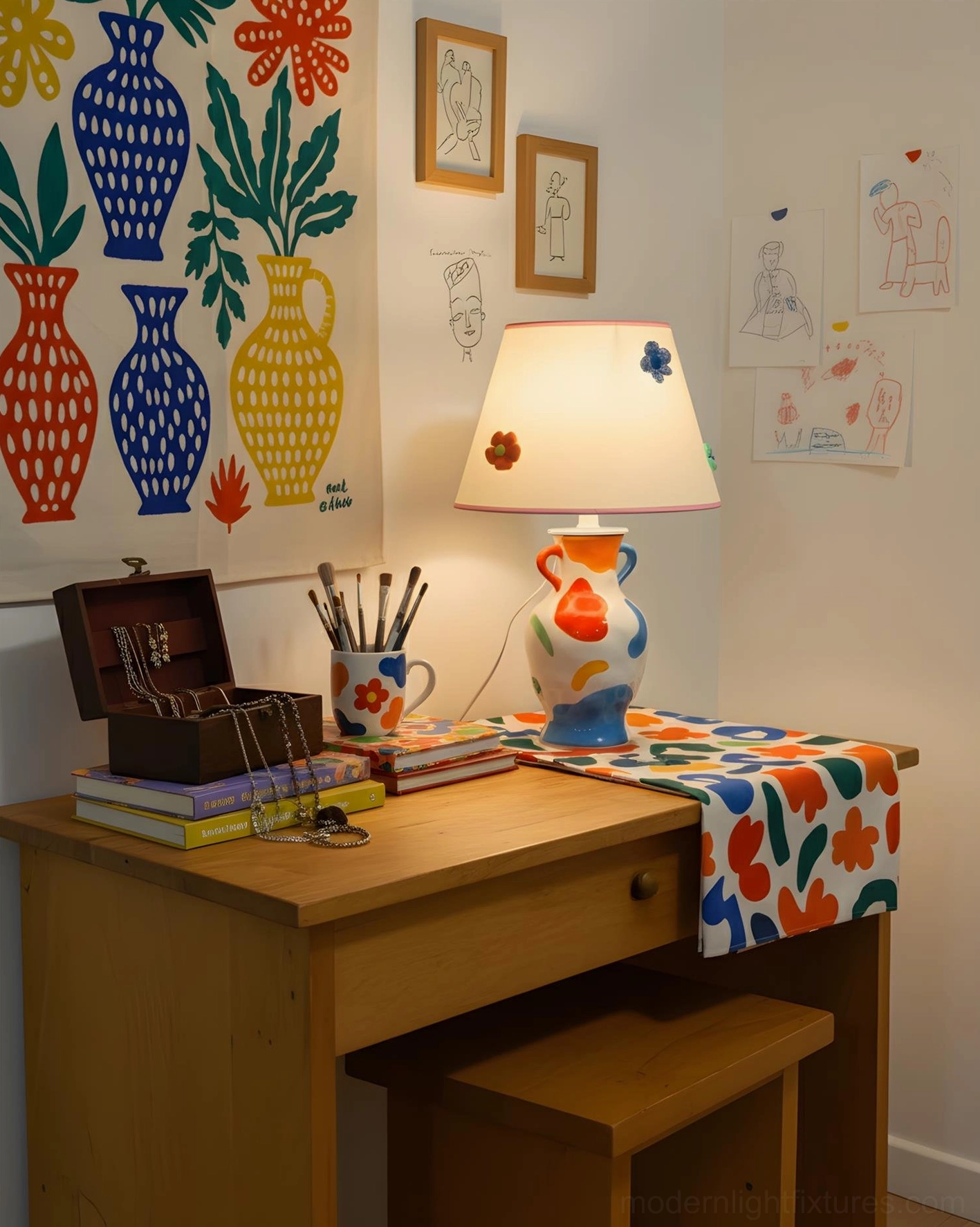 Ceramic table lamp in cozy bohemian home office workspace, side desk view showcasing folk art lamp design and creative studio ambiance