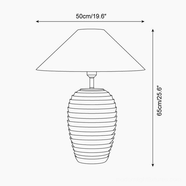 Technical orthographic drawing of white ceramic table lamp showing dimensions 50cm width and 65cm height