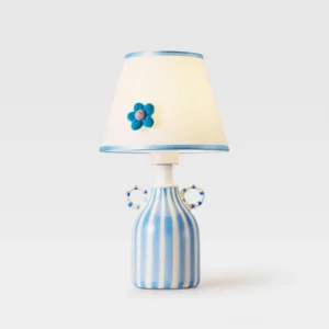 Hand-painted ceramic table lamp with blue and white stripes and sculptural felt flower lampshade - front elevation view