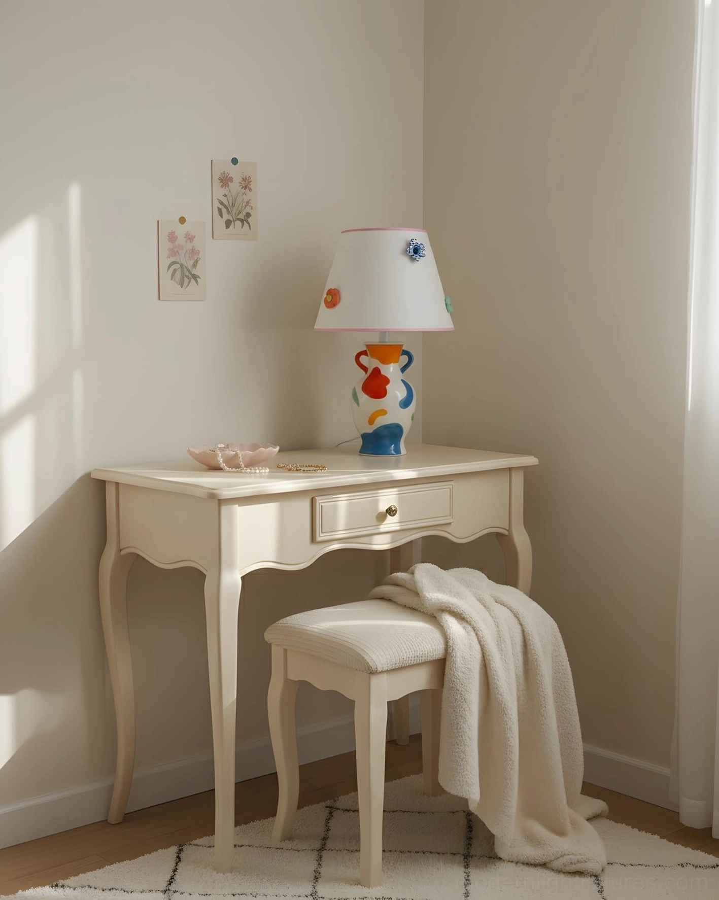 Artisanal ceramic table lamp showcasing intricate hand-painted design and 3D ceramic floral embellishments on fabric shade