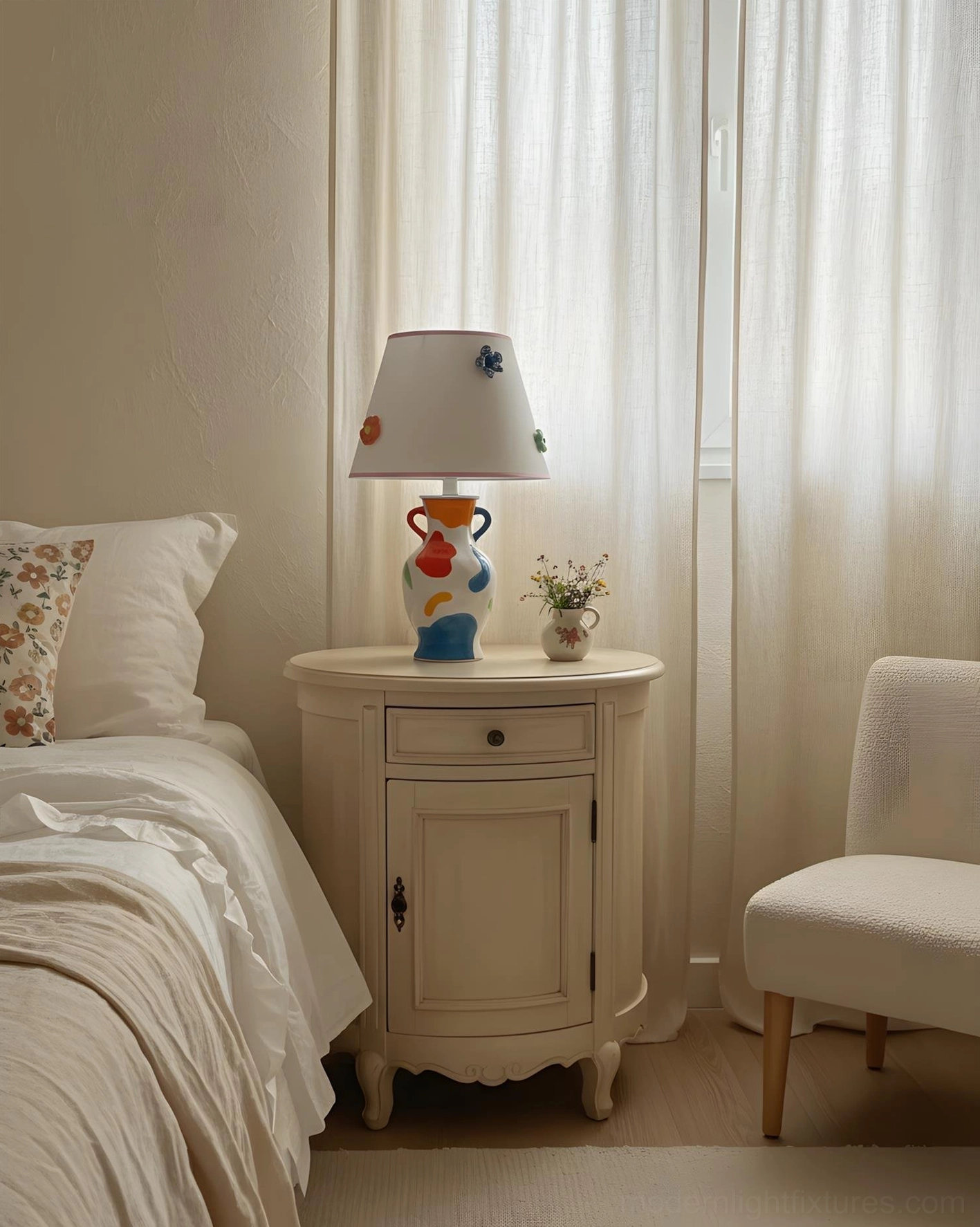Ceramic table lamp artistic close-up showing hand-painted multicolor patterns and detailed floral accents on shade