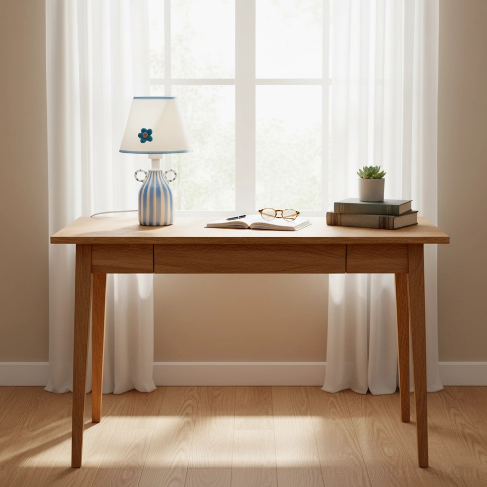Artistic ceramic table lamp with blue striped base and sculptural flower shade in minimalist home office