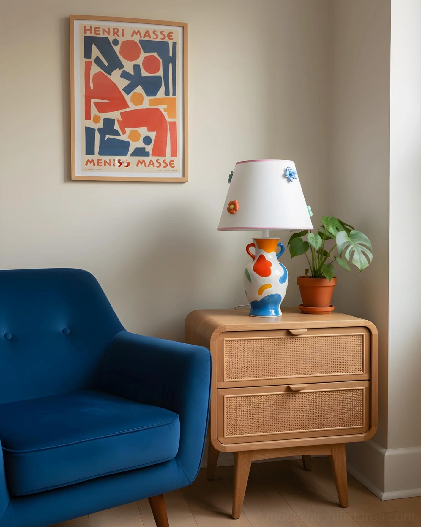 Hand-painted ceramic table lamp eye-level side view in mid-century modern living room, sitting on rattan nightstand with abstract wall art and blue velvet chair