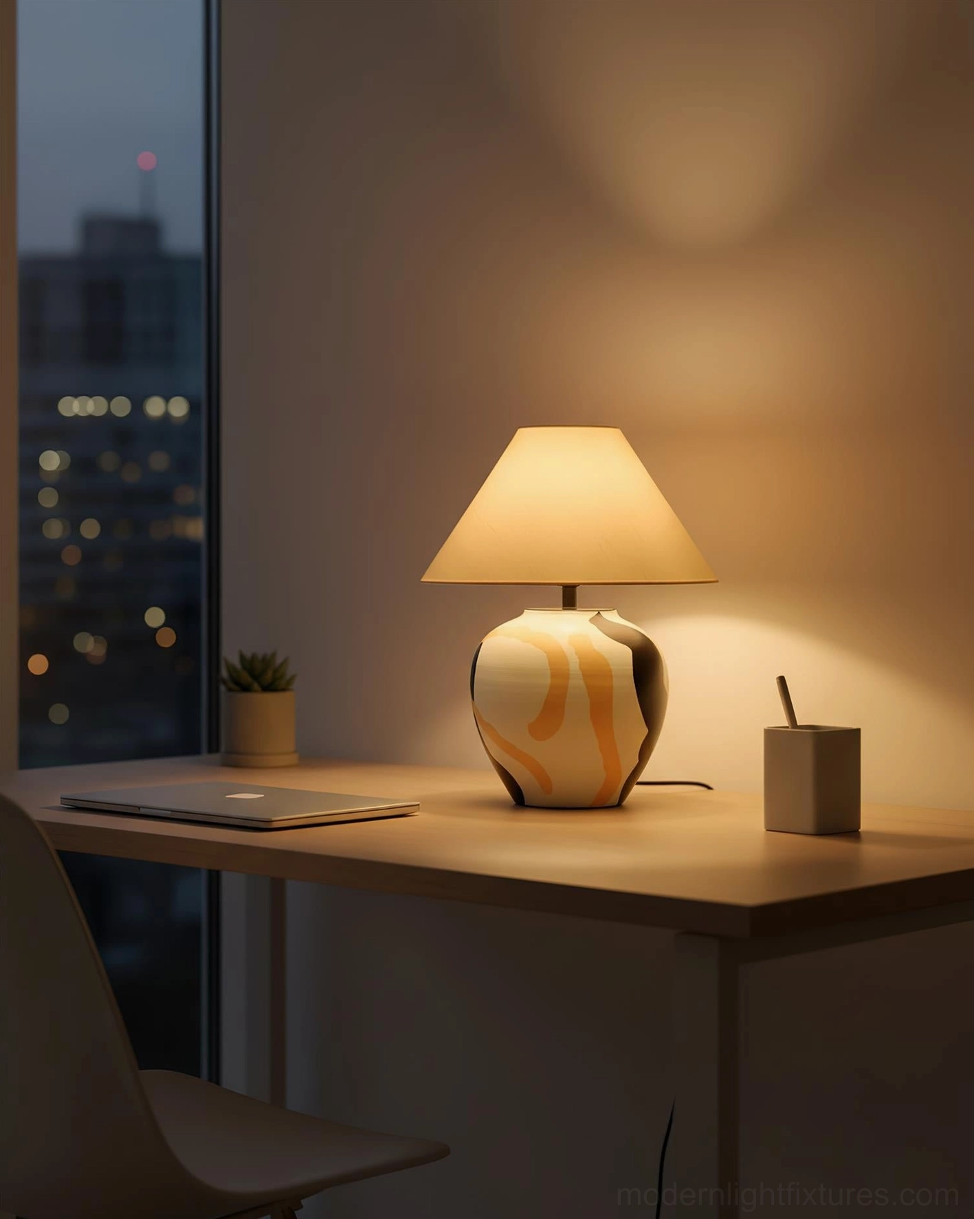 Glazed ceramic table lamp on low-angle nighttime home office desk with city skyline background and warm ambient lighting