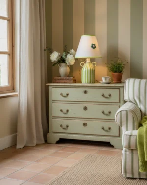 Whimsical striped table lamp with looped ceramic handles and fabric drum shade, studio product shot